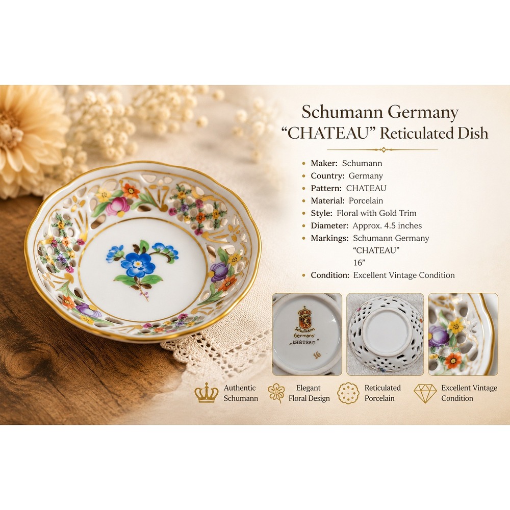 Schumann Germany Chateau Reticulated Porcelain Nut Dish Floral Gold Trim 16